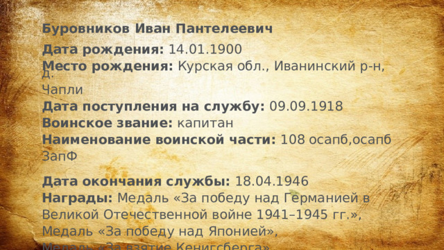 Буровников Иван Пантелеевич Дата рождения:  14.01.1900 Место рождения:  Курская обл., Иванинский р-н, д. Чапли Дата поступления на службу:  09.09.1918 Воинское звание:  капитан Наименование воинской части:  108 осапб,осапб ЗапФ Дата окончания службы:  18.04.1946 Награды:  Медаль «За победу над Германией в Великой Отечественной войне 1941–1945 гг.», Медаль «За победу над Японией», Медаль «За взятие Кенигсберга» 