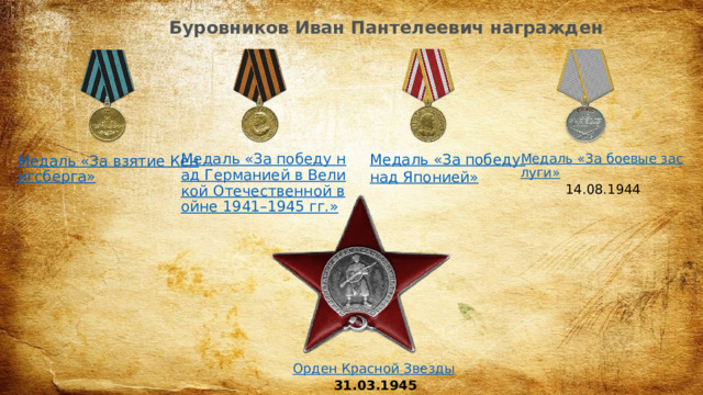 Буровников Иван Пантелеевич награжден  Медаль «За победу над Германией в Великой Отечественной войне 1941–1945 гг.» Медаль «За боевые заслуги» 14.08.1944 Медаль «За взятие Кенигсберга» Медаль «За победу над Японией» Орден Красной Звезды  31.03.1945 
