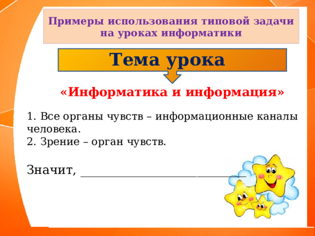 Примеры использования типовой задачи на уроках информатики Тема урока  «Информатика и информация» 1. Все органы чувств – информационные каналы человека. 2. Зрение – орган чувств. Значит, ___________________________ 
