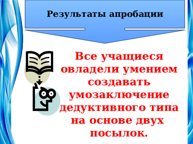 Результаты апробации Все учащиеся овладели умением создавать умозаключение дедуктивного типа на основе двух посылок. 
