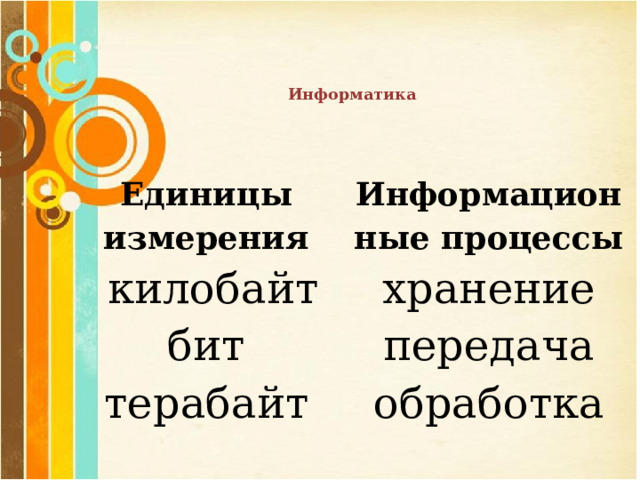   Информатика   Единицы измерения Информационные процессы  килобайт хранение бит передача терабайт обработка 