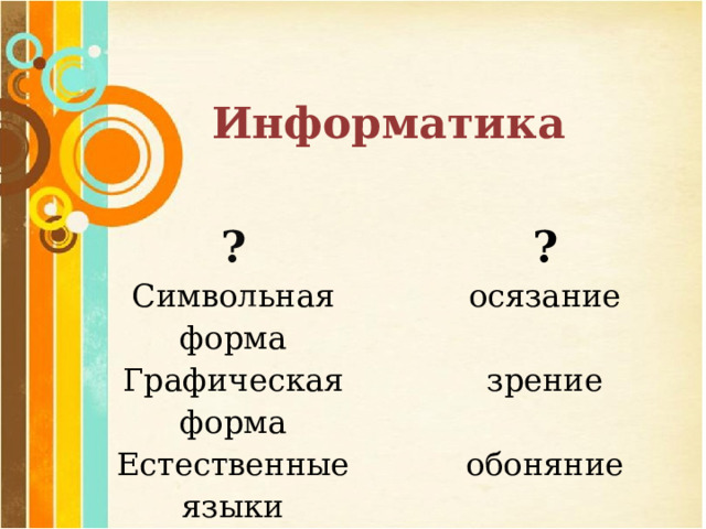 Информатика ? ? Символьная форма осязание Графическая форма зрение Естественные языки обоняние ? ? 