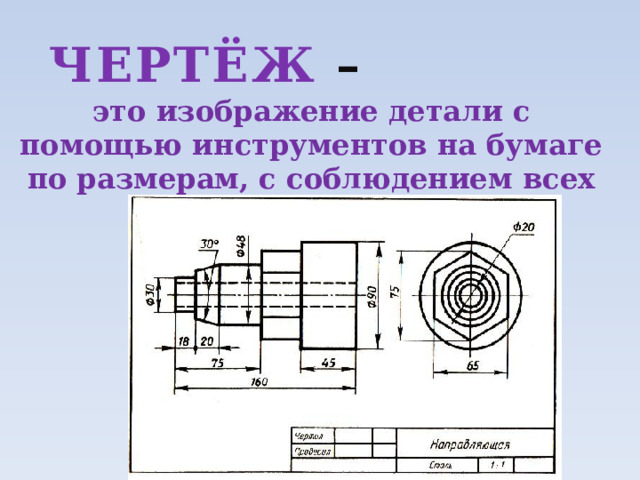 ЧЕРТЁЖ – это изображение детали с помощью инструментов на бумаге по размерам, с соблюдением всех размеров. 