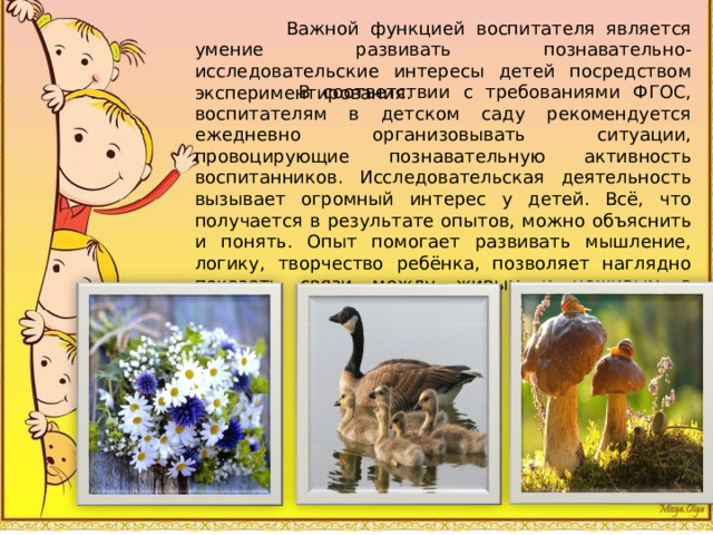  Важной функцией воспитателя является умение развивать познавательно-исследовательские интересы детей посредством экспериментирования.  В соответствии с требованиями ФГОС, воспитателям в детском саду рекомендуется ежедневно организовывать ситуации, провоцирующие познавательную активность воспитанников. Исследовательская деятельность вызывает огромный интерес у детей. Всё, что получается в результате опытов, можно объяснить и понять. Опыт помогает развивать мышление, логику, творчество ребёнка, позволяет наглядно показать связи между живым и неживым в природе. 