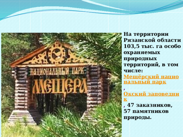 На территории Рязанской области 103,5 тыс. га особо охраняемых природных территорий, в том числе:  Мещёрский национальный парк ,  Окский заповедник , 47 заказников, 57 памятников природы.   