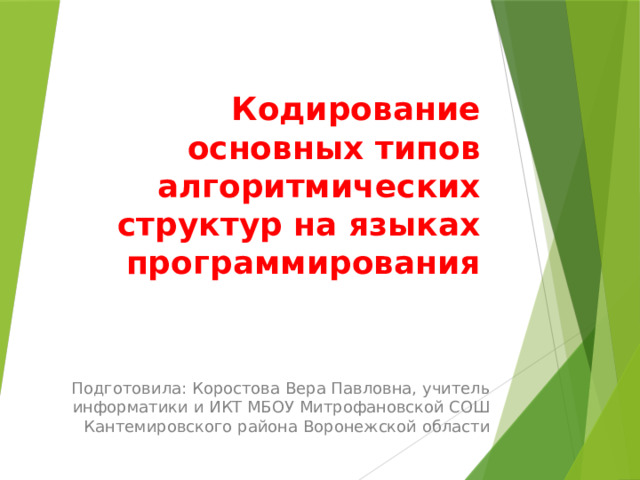 Кодирование основных типов алгоритмических структур на языках программирования Подготовила: Коростова Вера Павловна, учитель информатики и ИКТ МБОУ Митрофановской СОШ Кантемировского района Воронежской области 
