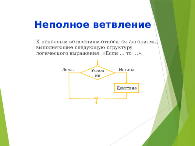 Неполное ветвление К неполным ветвлениям относятся алгоритмы, выполняющие следующую структуру логического выражения: «Если … то …».    Ложь Истина Условие Действие  15 