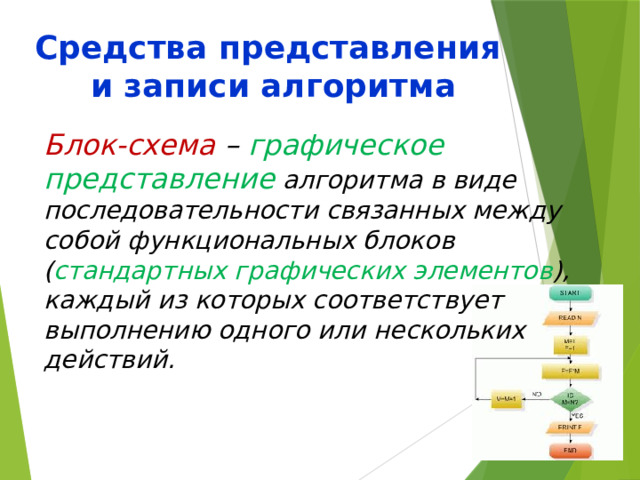 Средства представления  и записи алгоритма Блок-схема – графическое  представление алгоритма в виде последовательности связанных между собой функциональных блоков ( стандартных графических элементов ), каждый из которых соответствует выполнению одного или нескольких действий. 