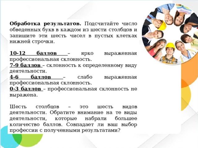 Обработка результатов. Подсчитайте число обведенных букв в каждом из шести столбцов и запишите эти шесть чисел в пустых клетках нижней строчки.  10-12 баллов – ярко выраженная профессиональная склонность. 7-9 баллов – склонность к определенному виду деятельности. 4-6 баллов – слабо выраженная профессиональная склонность. 0-3 баллов – профессиональная склонность не выражена. Шесть столбцов – это шесть видов деятельности. Обратите внимание на те виды деятельности, которые набрали большее количество баллов. Совпадает ли ваш выбор профессии с полученными результатами?