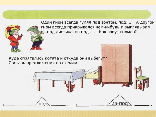 Один гном всегда гулял под зонтом, под…. . А другой гном всегда прикрывался чем-нибудь и выглядывал из-под листика, из-под …. . Как зовут гномов? Куда спрятались котята и откуда они выбегут? Составь предложения по схемам. 