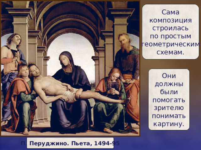 Сама  композиция  строилась  по простым  геометрическим  схемам. Они  должны  были  помогать  зрителю  понимать  картину. П. Перуджино. Пьета, 1494-95 