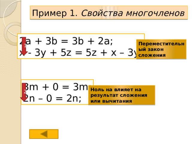 Пример 1. Свойства многочленов 2a + 3b = 3b + 2a; x - 3y + 5z = 5z + x – 3y; 1 Переместительный закон сложения 3m + 0 = 3m; 2n – 0 = 2n; 2 Ноль на влияет на результат сложения или вычитания