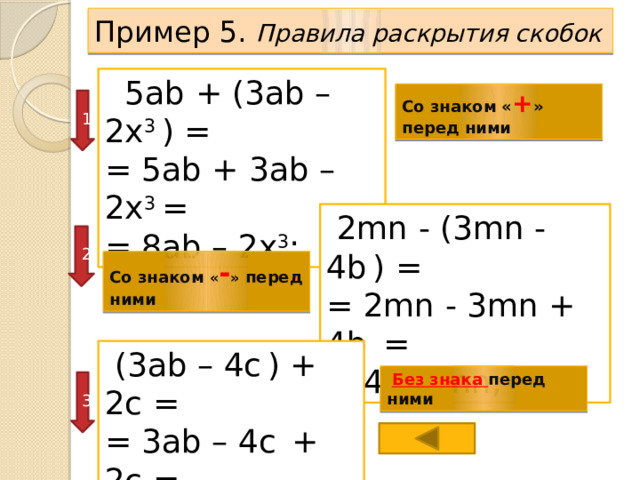 Пример 5. Правила раскрытия скобок  5ab + (3ab – 2x 3 ) = = 5ab + 3ab – 2x 3 = = 8ab – 2x 3 ; Со знаком « + » перед ними 1  2mn - (3mn - 4b  ) = = 2mn - 3mn + 4b  = = 4b – mn; 2 Со знаком « - » перед ними  (3ab – 4c  ) + 2c = = 3ab – 4c  + 2c = = 3ab – 2c.  Без знака перед ними 3