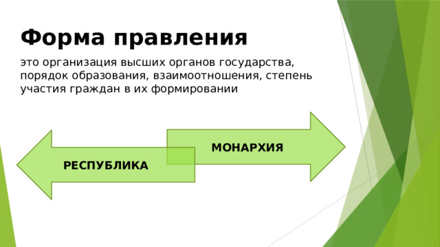 Форма правления   это организация высших органов государства, порядок образования, взаимоотношения, степень участия граждан в их формировании МОНАРХИЯ РЕСПУБЛИКА 