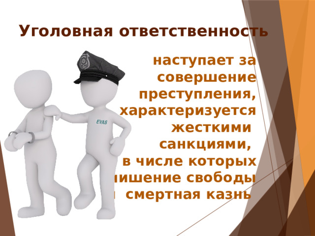 Уголовная ответственность наступает за совершение преступления, характеризуется жесткими санкциями, в числе которых лишение свободы и смертная казнь 