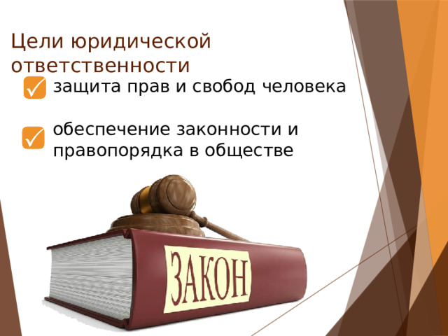 Цели юридической ответственности защита прав и свобод человека  обеспечение законности и правопорядка в обществе 