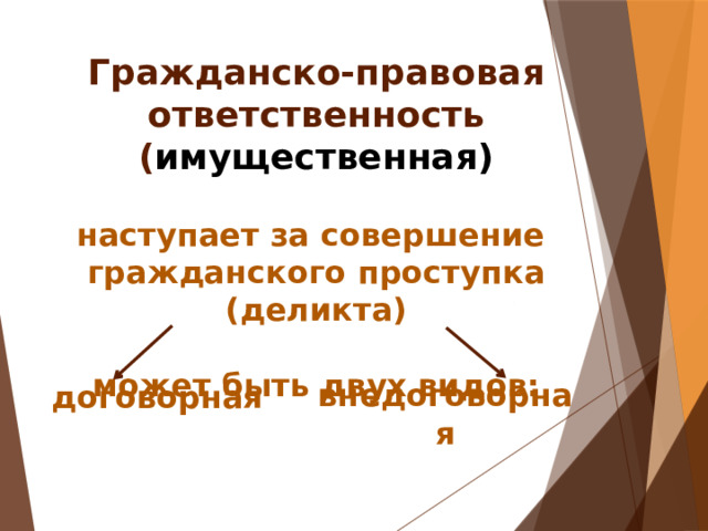 Гражданско-правовая ответственность ( имущественная)   наступает за совершение  гражданского проступка (деликта)   может быть двух видов:   внедоговорная договорная 