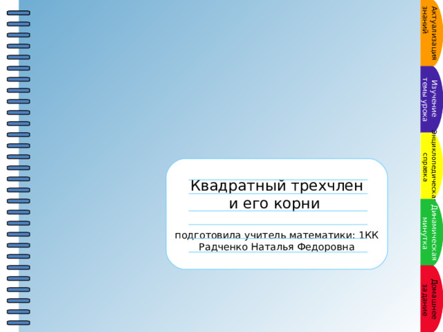 Пункт плана Актуализация знаний Пункт плана Изучение темы урока Энциклопедическая  справка Пункт плана Квадратный трехчлен и его корни подготовила учитель математики: 1КК Радченко Наталья Федоровна Динамическая  минутка Пункт плана Пункт плана Домашнее  задание 