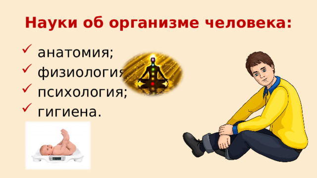 Науки об организме человека:  анатомия;  физиология;  психология;  гигиена. 