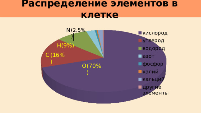 Распределение элементов в клетке     N (2,5%) (9%) Н (16%) С О (70%) 