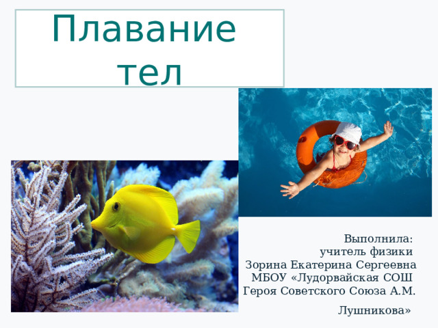 Плавание тел Выполнила:  учитель физики  Зорина Екатерина Сергеевна  МБОУ «Лудорвайская СОШ им. Героя Советского Союза А.М. Лушникова»  
