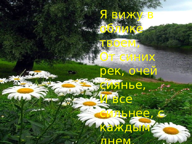 Я вижу в облике твоем,  От синих рек, очей сиянье,  И все сильнее, с каждым днем,  Люблю родные очертанья . 