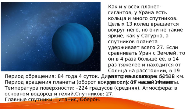Как и у всех планет-гигантов, у Урана есть кольца и много спутников. Целых 13 колец вращается вокруг него, но они не такие яркие, как у Сатурна, а спутников планета удерживает всего 27. Если сравнивать Уран с Землей, то он в 4 раза больше ее, в 14 раз тяжелее и находится от Солнца на расстоянии, в 19 раз превышающем путь к светилу от нашей планеты. Период обращения: 84 года 4 суток. Диаметр на экваторе: 51118 км. Период вращения планеты (оборот вокруг оси): 17 часов 14 мин. Температура поверхности: –224 градусов (средняя). Атмосфера: в основном водород и гелий.Спутников: 27. Главные спутники: Титания, Оберон. 