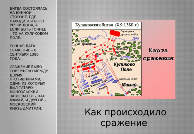 Битва состоялась на южной стороне, где находился берег речки Дона, а если быть точнее – то на Куликовом поле.   Точная дата сражение – 8 сентября 1380 года.   Сражение было совершено между двумя противниками, один из которых был татаро-монгольский завоеватель, хан Мамай, и другой – московский князь Дмитрий.   Как происходило сражение   