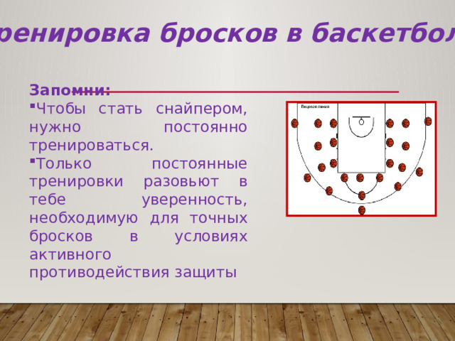 Тренировка бросков в баскетболе Запомни: Чтобы стать снайпером, нужно постоянно тренироваться. Только постоянные тренировки разовьют в тебе уверенность, необходимую для точных бросков в условиях активного противодействия защиты 