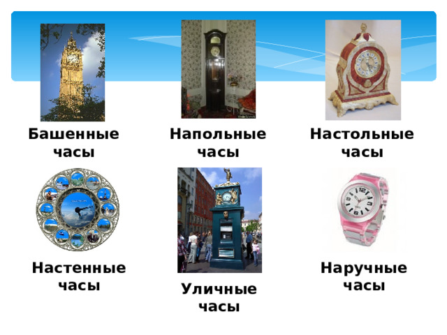 Башенные часы Напольные часы Настольные часы Настенные часы Наручные часы Уличные часы 