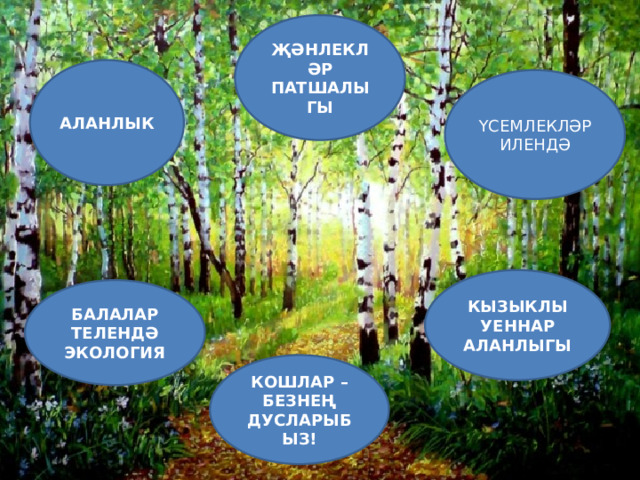 ҖӘНЛЕКЛӘР  ПАТШАЛЫГЫ АЛАНЛЫК ҮСЕМЛЕКЛӘР ИЛЕНДӘ КЫЗЫКЛЫ УЕННАР АЛАНЛЫГЫ БАЛАЛАР ТЕЛЕНДӘ ЭКОЛОГИЯ КОШЛАР – БЕЗНЕҢ ДУСЛАРЫБЫЗ! 