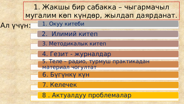 1. Жакшы бир сабакка – чыгармачыл мугалим көп күндөр, жылдап даярданат. Ал үчүн: 1. Окуу китеби 2. Илимий китеп 3. Методикалык китеп 4. Гезит - журналдар 5. Теле – радио, турмуш практикадан материал чогултат 6. Бүгүнкү күн 7. Келечек 8 . Актуалдуу проблемалар 
