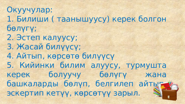Окуучулар: 1. Билиши ( таанышуусу) керек болгон бөлүгү; 2. Эстеп калуусу; 3. Жасай билүүсү; 4. Айтып, көрсөтө билүүсү 5. Кийинки билим алуусу, турмушта керек болуучу бөлүгү жана башкаларды бөлүп, белгилеп айтып, эскертип кетүү, көрсөтүү зарыл. 