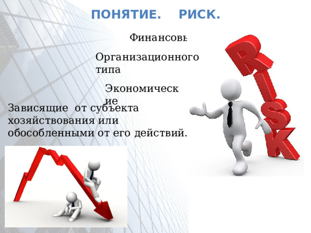 Понятие. Риск.  Финансовые Организационного типа Экономические Зависящие от субъекта хозяйствования или обособленными от его действий.
