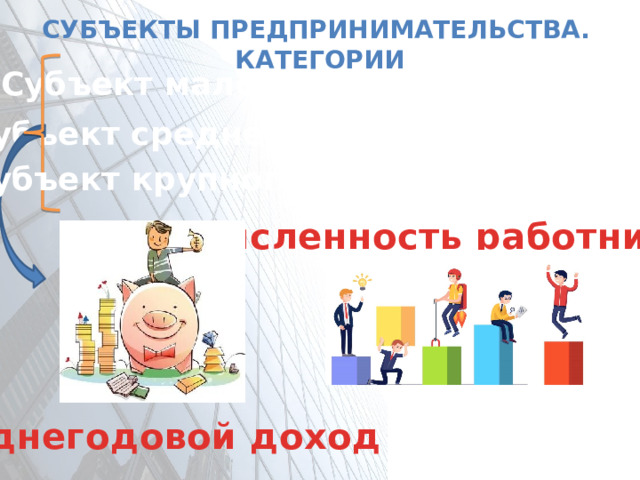 Субъекты предпринимательства. категории Субъект малого предпринимательства Субъект среднего предпринимательства Субъект крупного предпринимательства Численность работников Среднегодовой доход