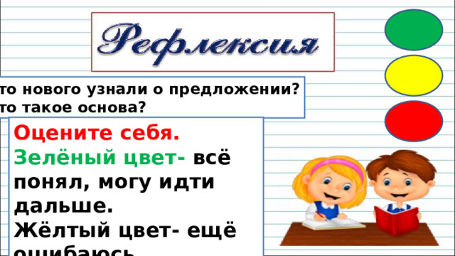 Что нового узнали о предложении? Что такое основа? Оцените себя. Зелёный цвет- всё понял, могу идти дальше. Жёлтый цвет- ещё ошибаюсь. Красный цвет- стоп! Мне нужна помощь! 