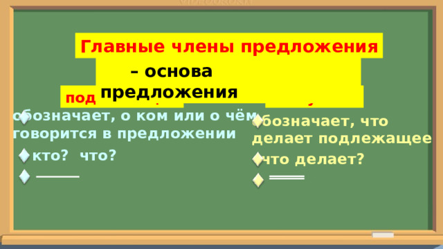Главные члены предложения В ПРЕДЛОЖЕНИИ ДВА ГЛАВНЫХ СЛОВА  –  основа предложения подлежащее сказуемое обозначает, о ком или о чём говорится в предложении обозначает, что делает подлежащее кто? что? что делает? 