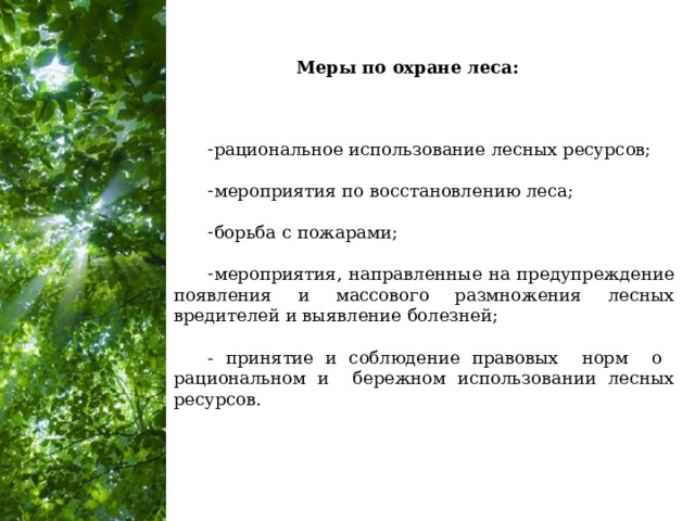 Меры по охране леса: рациональное использование лесных ресурсов;  мероприятия по восстановлению леса; борьба с пожарами; мероприятия, направленные на предупреждение появления и массового размножения лесных вредителей и выявление болезней; - принятие и соблюдение правовых норм о рациональном и бережном использовании лесных ресурсов. 