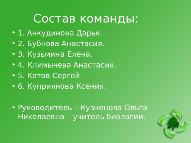  Состав команды: 1. Анкудинова Дарья. 2. Бубнова Анастасия. 3. Кузьмина Елена. 4. Климычева Анастасия. 5. Котов Сергей. 6. Куприянова Ксения.  Руководитель – Кузнецова Ольга Николаевна – учитель биологии. 