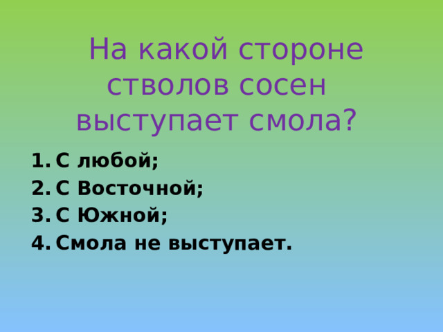  На какой стороне стволов сосен выступает смола?   С любой; С Восточной; С Южной; Смола не выступает. 