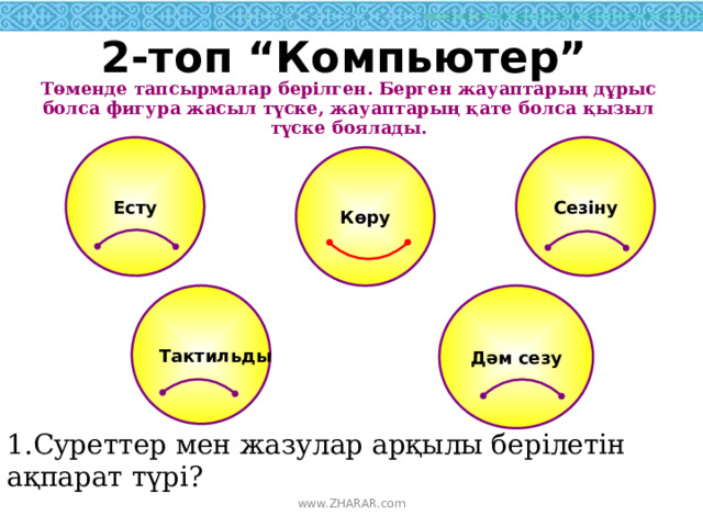 2-топ “Компьютер” Төменде тапсырмалар берілген. Берген жауаптарың дұрыс болса фигура жасыл түске, жауаптарың қате болса қызыл түске боялады. Есту Сезіну Көру Тактильды Дәм сезу 1.Суреттер мен жазулар арқылы берілетін ақпарат түрі? www.ZHARAR.com 