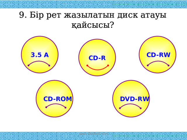 9. Бір рет жазылатын диск атауы қайсысы? 9. Бір рет жазылатын диск атауы қайсысы? 3.5 A CD-RW CD-R CD-ROM DVD-RW www.ZHARAR.com 