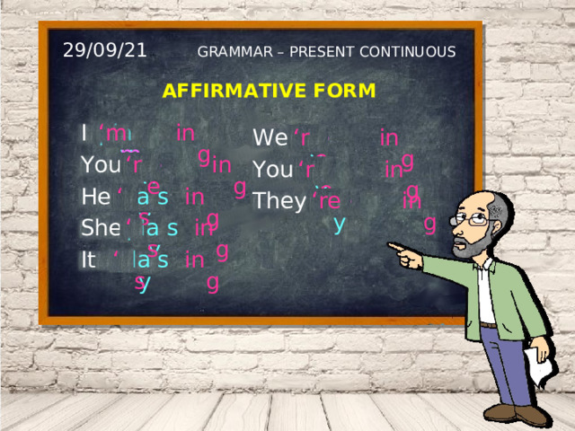 29/09/21 GRAMMAR – PRESENT CONTINUOUS AFFIRMATIVE FORM ‘ m I ing am play ing ‘ re are play We You play are ing ‘ re are ing play ‘ re You play is s ‘ s ing He They ing are play ‘ re ing s play ‘ s She is ‘ s play s is It ing 