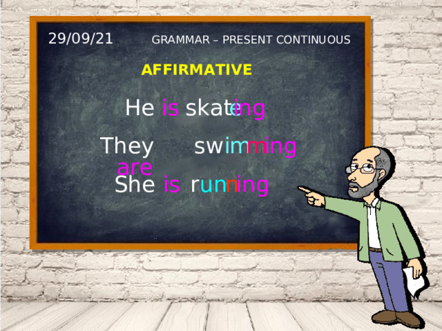 29/09/21 GRAMMAR – PRESENT CONTINUOUS AFFIRMATIVE ing He is e skat m ing sw im They are r un n She is ing 