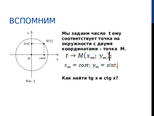 Вспомним Мы задаем число  t ему соответствует точка на окружности c двумя координатами – точка  M.    Как найти tg x и ctg x? 