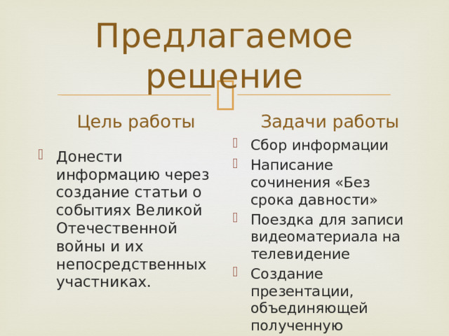 Предлагаемое решение Цель работы Задачи работы Сбор информации Написание сочинения «Без срока давности» Поездка для записи видеоматериала на телевидение Создание презентации, объединяющей полученную информацию Донести информацию через создание статьи о событиях Великой Отечественной войны и их непосредственных участниках. 