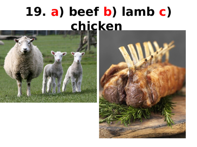 19. a ) beef b ) lamb c ) chicken  
