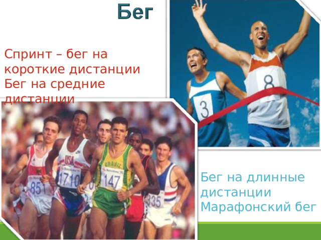 Спринт – бег на короткие дистанции Бег на средние дистанции Бег на длинные дистанции Марафонский бег 