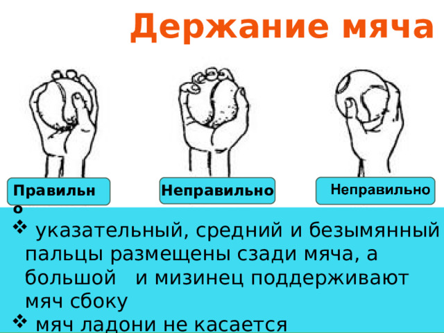 Держание мяча  Правильно Неправильно  указательный, средний и безымянный пальцы размещены сзади мяча, а большой и мизинец поддерживают мяч сбоку  мяч ладони не касается 