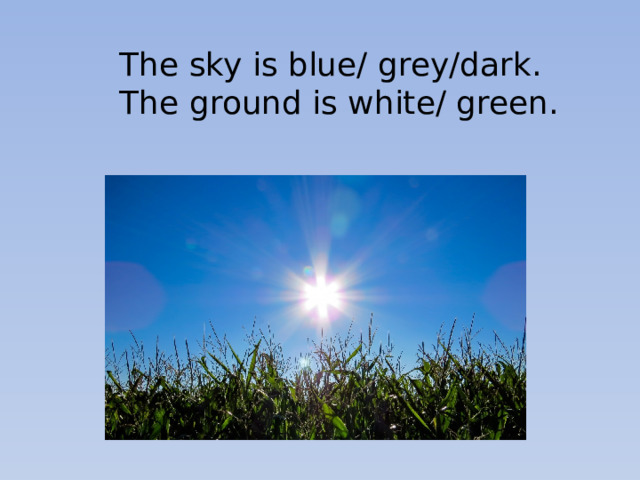 The sky is blue/ grey/dark. The ground is white/ green. 